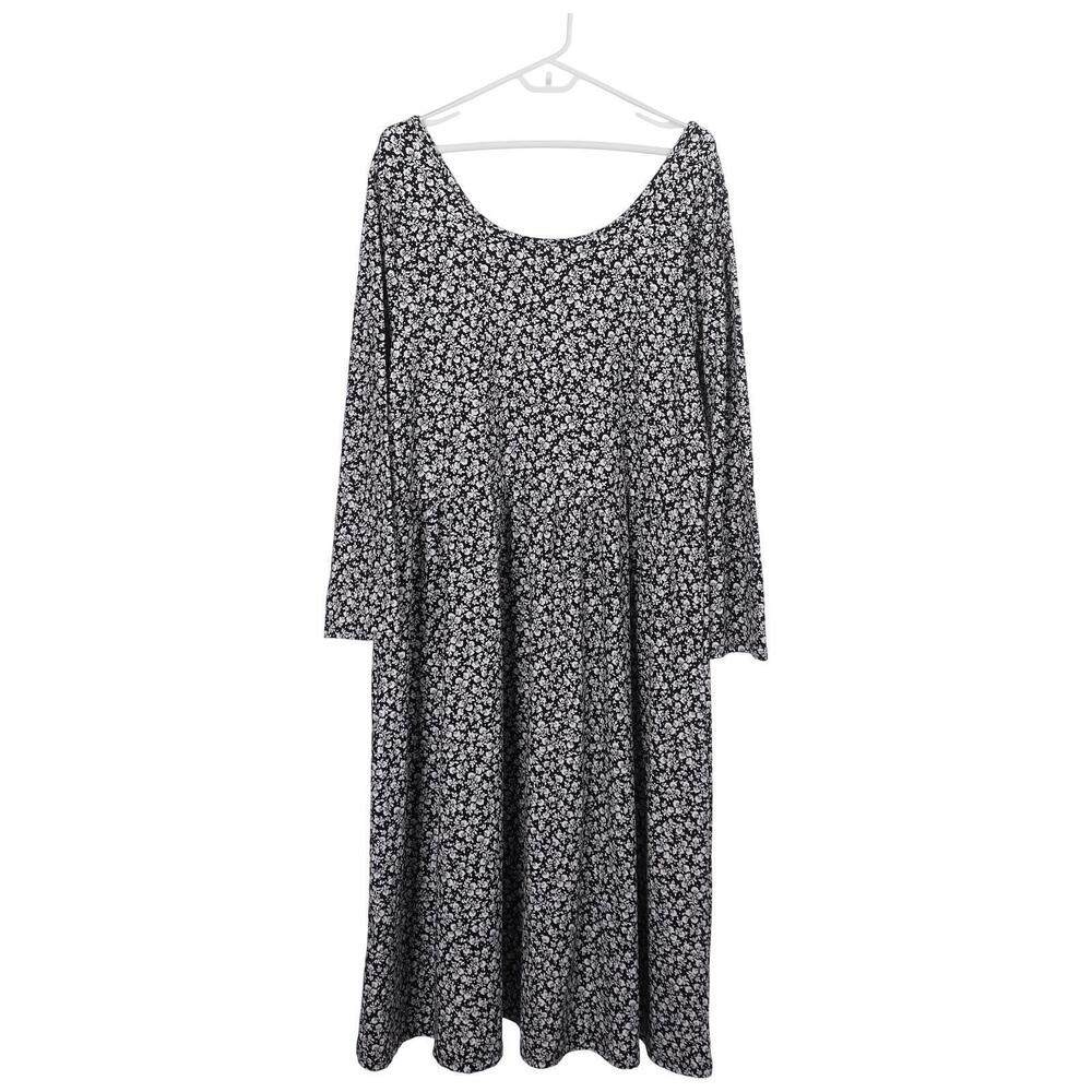 Old Navy Dress XXL Black White Ditsy Floral Long Sleeve A-Line Midi Stretch